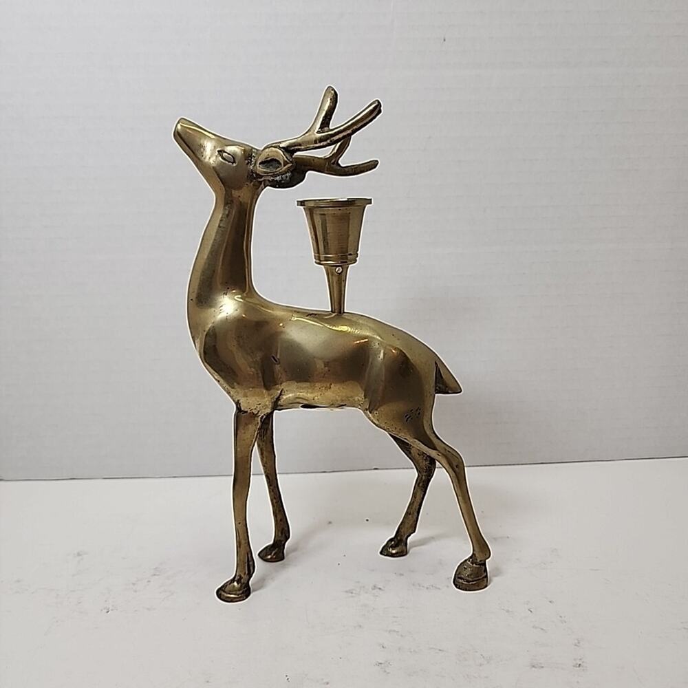 Vtg Solid Brass Reindeer Stag Deer Single Candle Holder 8" Xmas, Hunting Cabin